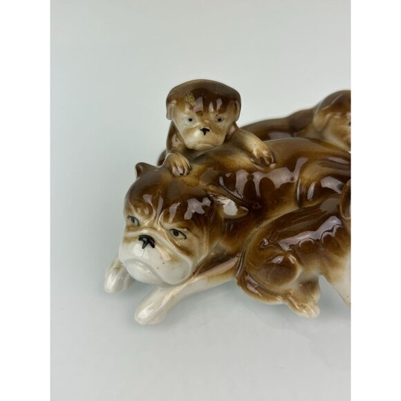 Vintage Ceramic Bulldog & Puppies Figure Brown Dogs Flaw Chipped Ear Home Decor - Picture 3 of 12